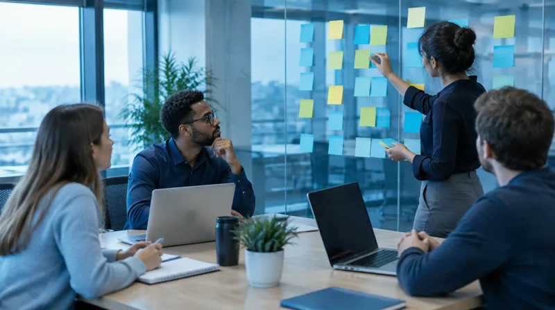 A company team organizes its data compliance project in a meeting room, with colored sticky notes on a glass wall