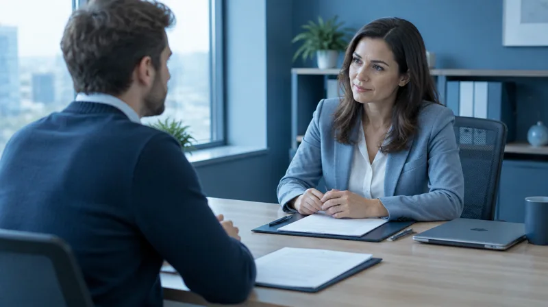 Una gerente de recursos humanos conversa con un empleado al otro lado del escritorio sobre el fin del contrato de trabajo