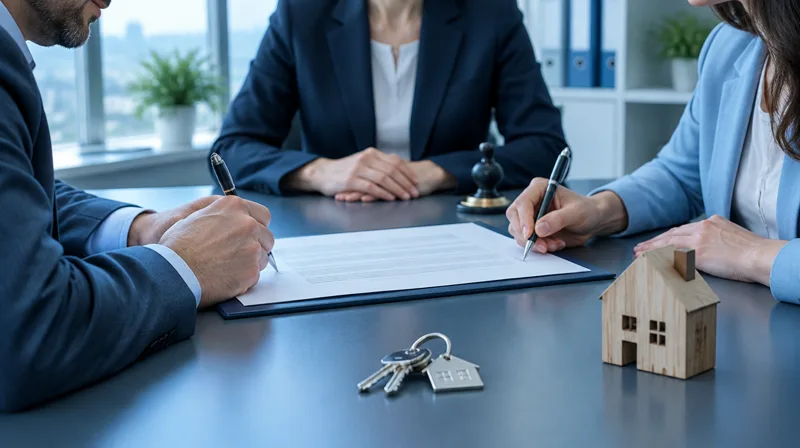 A buyer and a seller sign a property deed at a notary office, with keys and a small wooden house on the desk