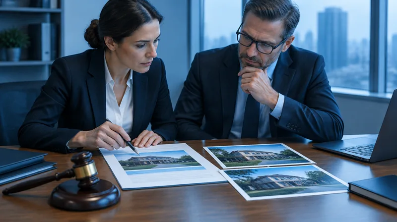 A lawyer and an investor study an auction notice and photos of a property before bidding, with an auction gavel on the desk