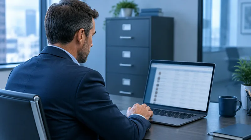 Un empresario revisa registros de clientes en su portátil en una oficina, con un archivador al fondo