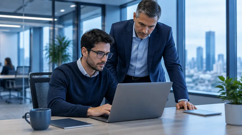 An independent consultant works on a laptop inside a company's office while a manager looks on