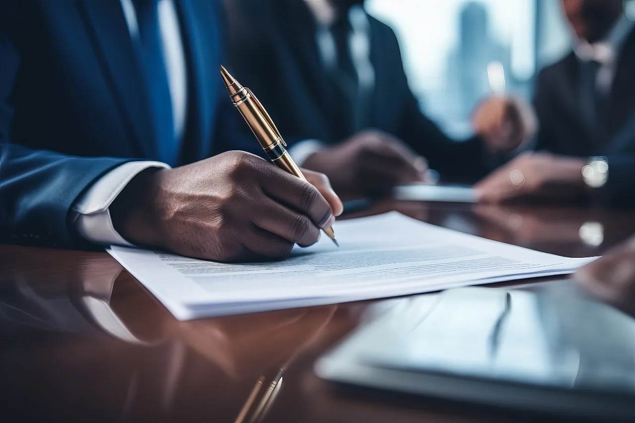 Mão com caneta assina um contrato de prestação de serviços em uma mesa de reunião