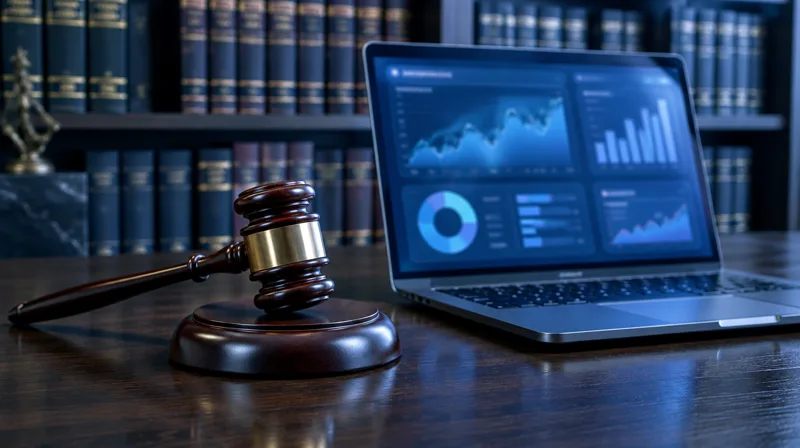 A judge's gavel on a desk next to a laptop showing banking charts, in an office lined with law books